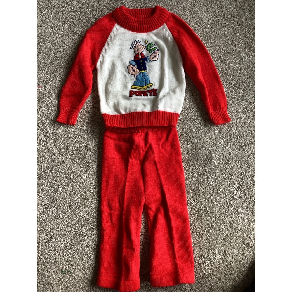 Vintage Cradle Togs Popeye Knit Set 18M 100% Acrylic Red White Cartoon Character